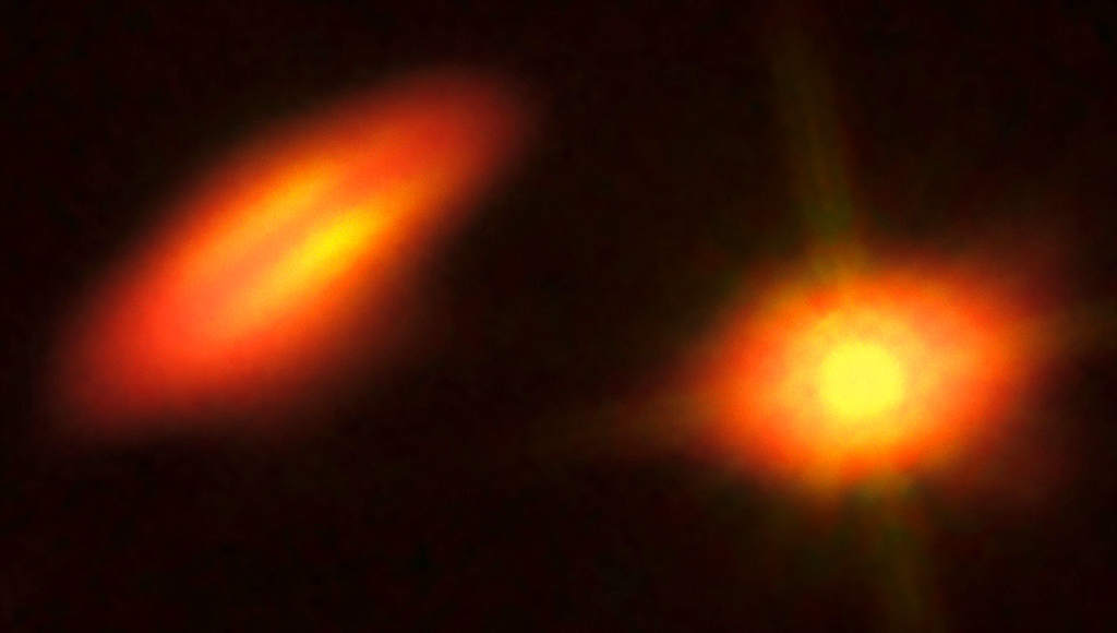 Układ podwójny HK Tauri – złożenie zdjęć z Teleskopu Kosmicznego Hubble’a oraz obserwatorium ALMA