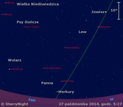 Położenie Merkurego i Jowisza w ostatnim tygodniu października 2014 r.