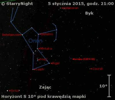 Położenie Komety Lovejoya (C/2014 Q2) w końcu pierwszej dekady stycznia 2015 r.