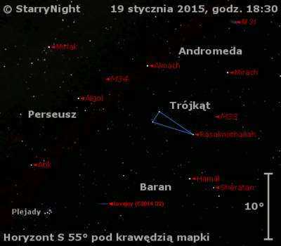Położenie Komety Lovejoya (C/2014 Q2) w trzecim tygodniu stycznia 2015 r.