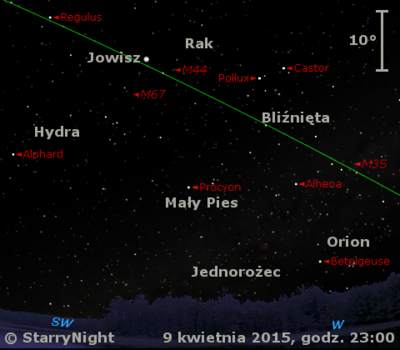 Położenie Jowisza w drugim tygodniu kwietnia 2015 r.