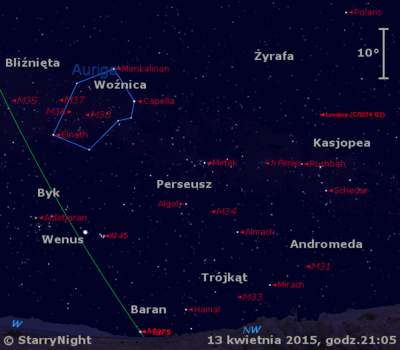 Położenie Wenus i Marsa oraz Komety Lovejoya w trzecim tygodniu kwietnia 2015 r.