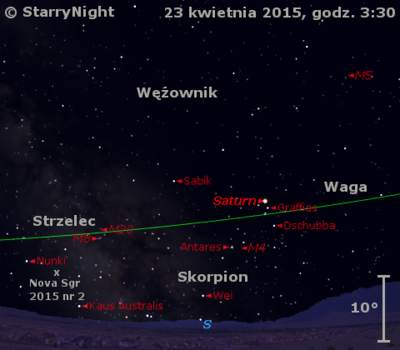 Położenie Księżyca, Saturna i Nowej w Strzelcu 2015 nr 2 w czwartym tygodniu kwietnia 2015 r.