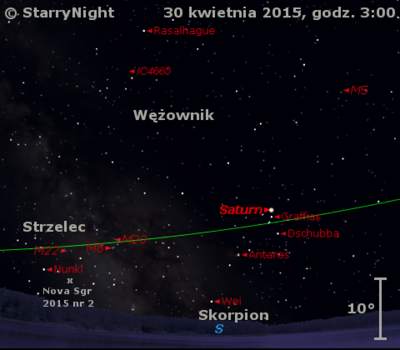 Położenie Saturna i Nowej w Strzelcu 2015 nr 2 na przełomie kwietnia i maja 2015 r.