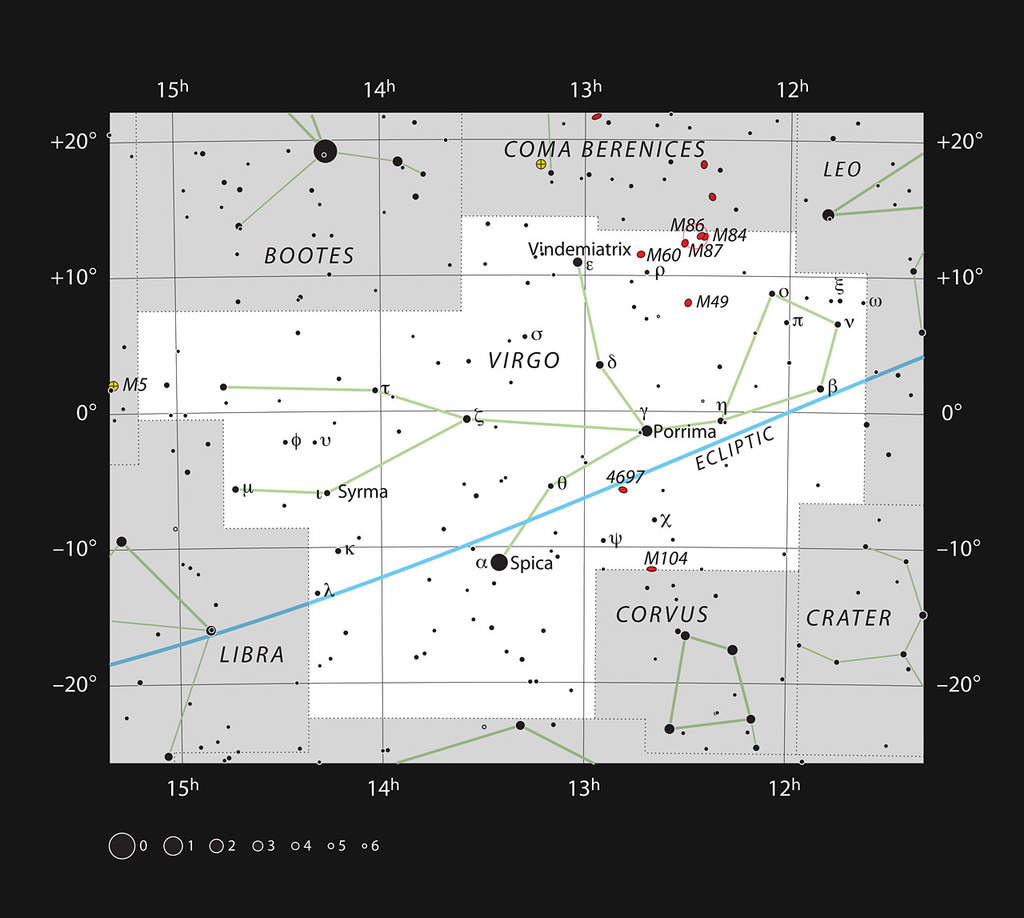 Mapka pokazuje położenie olbrzymiej galaktyki M87 w gwiazdozbiorze Panny. Oprócz tego na mapce ukazano większość gwiazd możliwych do zaobserwowania gołym okiem.