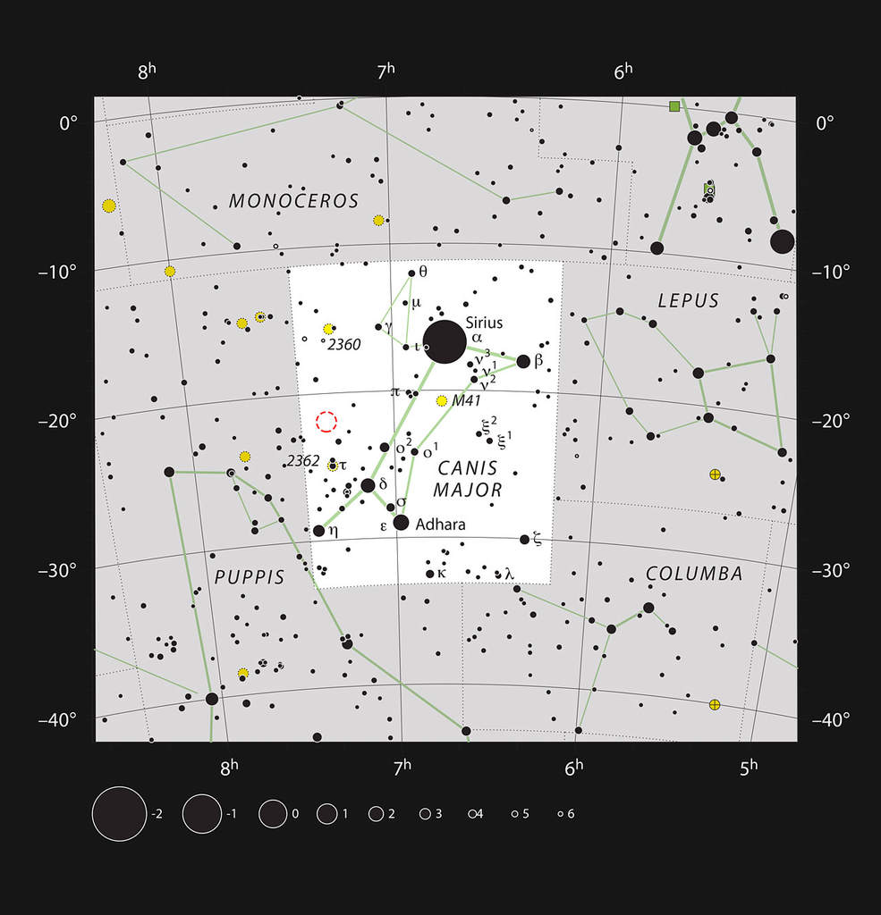 Mapka przedstawia gwiazdozbiór Wielkiego Psa (Canis Major). Położenie gromady otwartej NGC 2367 - którą z powodzeniem można obserwować przy pomocy niewielkiego teleskopu - jest zaznaczone czerwonym okręgiem. Oprócz tego na mapce uwzględniono większość gwiazd możliwych do zaobserwowania gołym okiem przy dobrych warunkach.