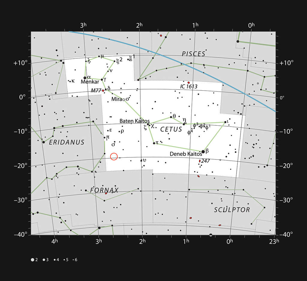 Mapka gwiazdozbioru Wieloryba z zaznaczoną lokalizacją HIP 11915