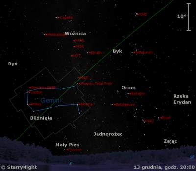 Położenie radiantu roju meteorów Geminidów w połowie grudnia.