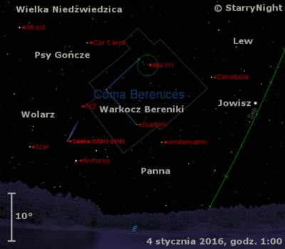 Położenie Jowisza i komety C/2013 US10 (Catalina) w końcu pierwszej dekady stycznia 2016 r.