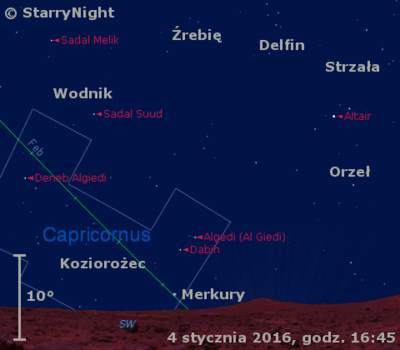 Położenie Merkurego w końcu pierwszej dekady stycznia 2016 r.