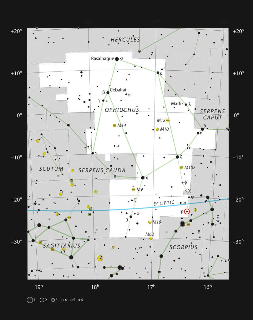 Położenie mgławicy ro Ophiuchi w gwiazdozbiorze Wężownika