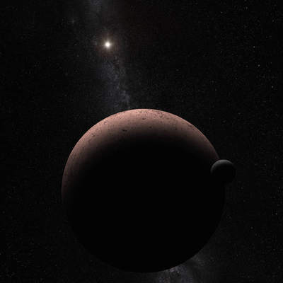 Koncepcja artystyczna ukazuje odległą planetę karłowatą Makemake i jej nowo odkryty księżyc.