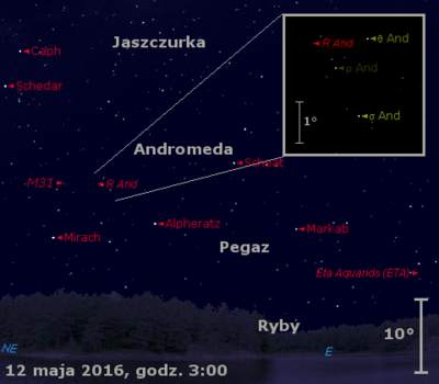 Położenie radiantu eta-Akwarydów oraz gwiazdy R And w drugim tygodniu maja 2016 r.