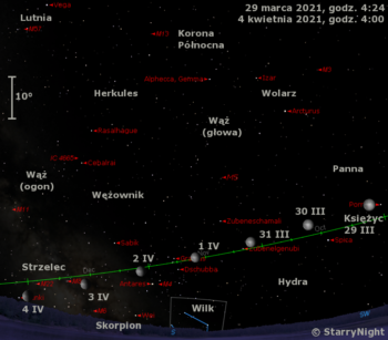 Położenie Księżyca na przełomie marca i kwietnia 2021 r.