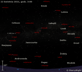 Położenie gwiazdy V1405 Cas oraz radiantu Lirydów w trzecim tygodniu kwietnia 2021 r.