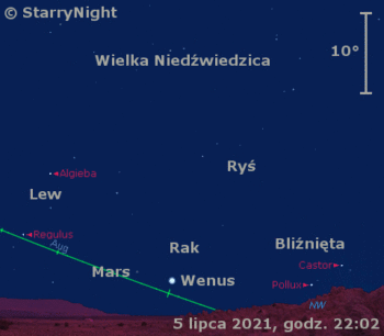 Położenie Wenus i Marsa w końcu pierwszej dekady lipca 2021 r.