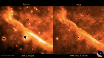 Mgławica Oriona widziana przez SST w porównaniu do JWST