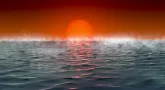 Artystyczna ilustracja widoku z mórz na egzoplanetę „Hycean”