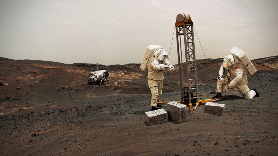 Ilustracja przedstawiająca załogę ekspedycyjną na Marsie ustawiającą sprzęt wiertniczy w celu wykorzystania lodu do utrzymania ludzkiej obecności na Czerwonej Planecie.