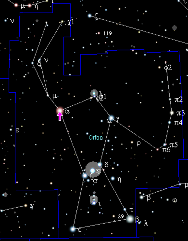 Gwiazdozbiór Oriona, strzałką wskazana jest Betelgeza