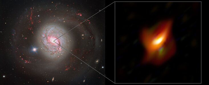 Dwa zdjęcia obok siebie. Po lewej galaktyka spiralna w kolorze szaro-czerwonym, centrum zdecydowanie jaśniejsze niż reszta galaktyki, po prawej aktywne jądro galaktyczne o nieregularnym kształcie, w kolorze pomarańczowym.