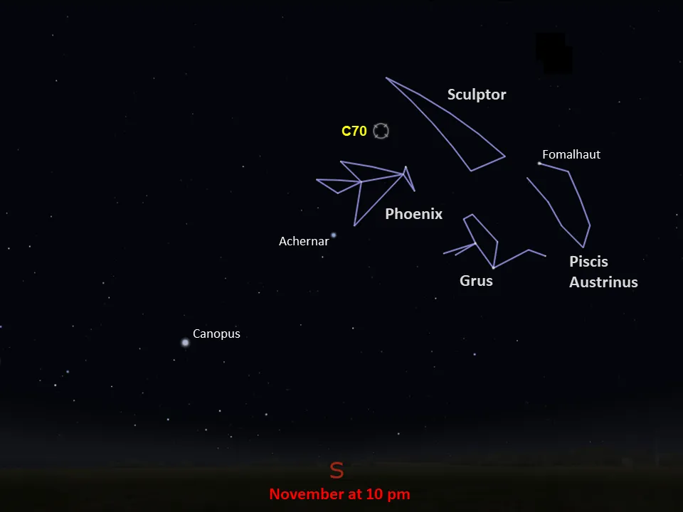 Orientacyjne położenie C70 na niebie: w lewej części gwiazdozbiory Rzeźbiarza i nad gwiazdozbiorem Feniksa