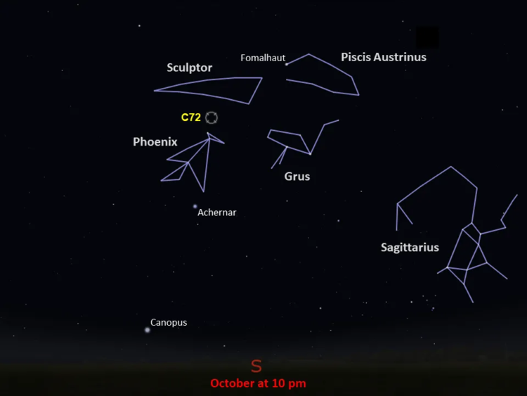 Mapa przedstawiająca położenie C72 na nocnym niebie dla dnia 10.10 na godzinę 10.