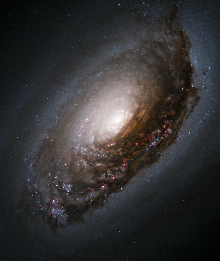 Zdjęcie głębokiego nieba. Przechylona ciemna galaktyka spiralna z jasnym centrum.