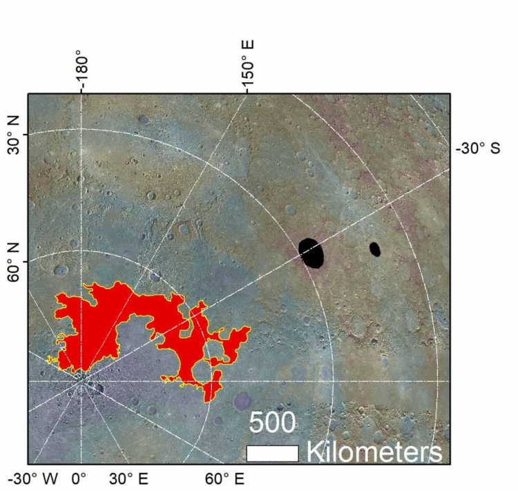 Kwadratowy wycinek mapy terenu bieguna północnego Merkurego. Na szarym tle jakim jest powierzchnia planety, zaznaczone są trzy tereny: kolorem czerwonym, Borealis Chaos, a czarnym kratery Raditladi i Eminescu.