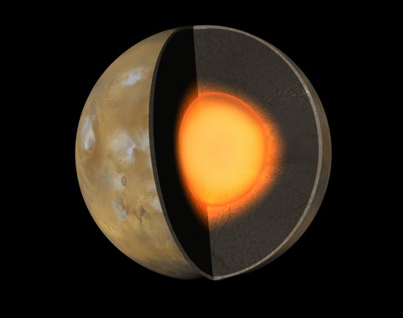 planeta - 1/4 planety odkrojona i widać pomarańczowe jądro, dookoła niego gruby na pół promienia planety czarny płaszcz i na wierzchu cienką brązowawą skorupę