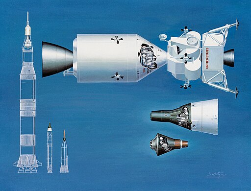 Na niebieskim tle: z lewego boku trzy rysunki przedstawiające zarys rakiet - Saturn V, Titan II oraz Atlas D. Od góry do dołu znajdują się schematy kapsuł: trzyosobowa Apollo, dwuosobowa Gemini oraz jednoosobowa Mercury.