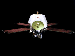 Sonda z rozłożonymi panelami słonecznymi, obróconą złotą anteną w stronę aparatu