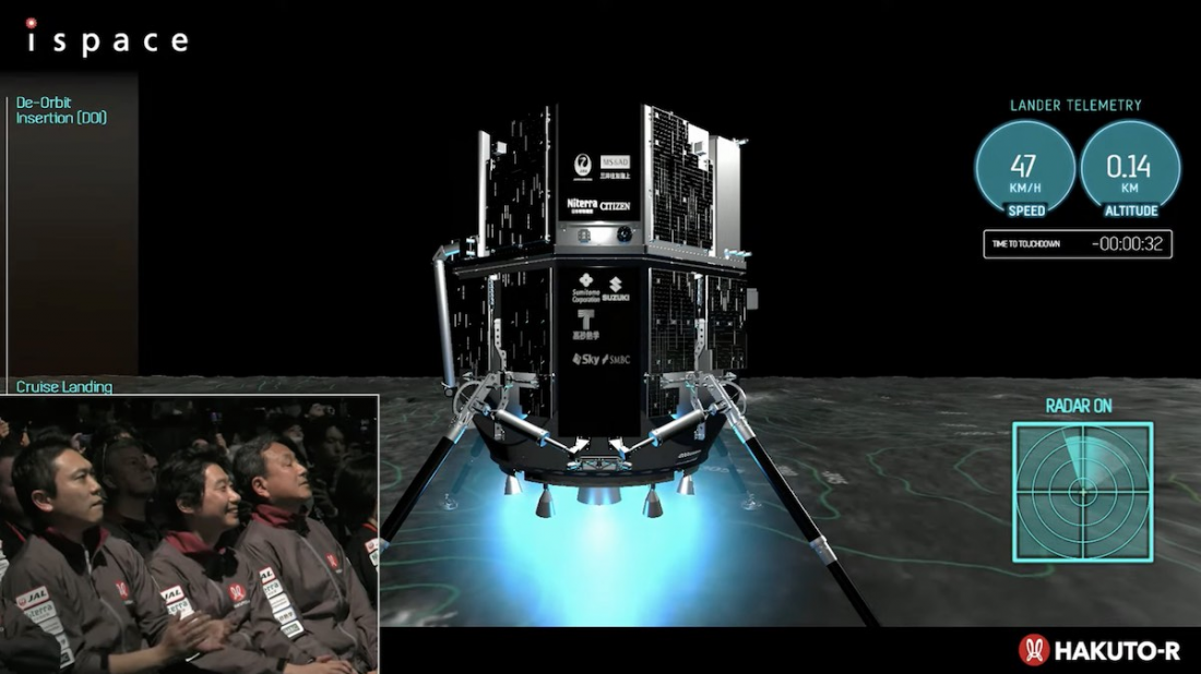 W lewym dolnym rogu okienko w którym widać dyrektorów firmy ispace, resztę zdjęcia zajmuje wizualizacja lądowania sondy Hakuto-R na Księżycu