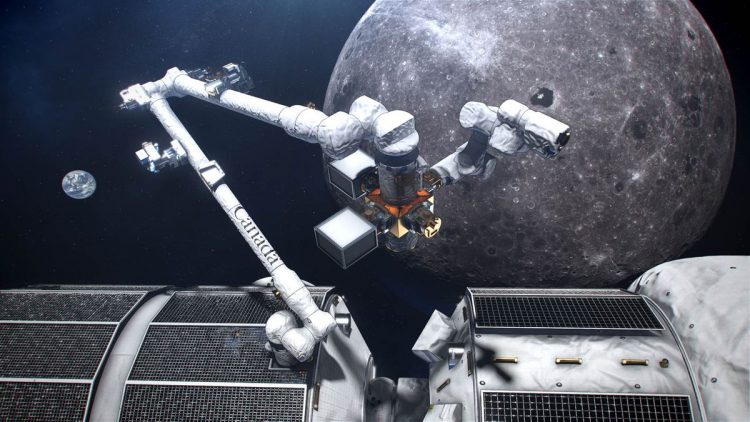 Mechaniczne ramię przymocowane na stacji kosmicznej, Księżyc w tle