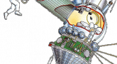 Kolorowy rysunek unoszącego się Woskhoda 2 z rozłożoną śluzą powietrzną i kosmonautą w przestrzeni przyczepionego liną do włazu.