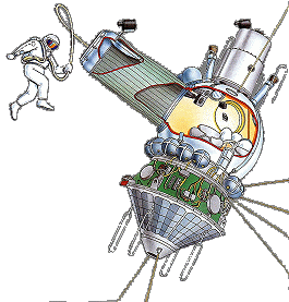 Kolorowy rysunek unoszącego się statku kosmicznego z rozłożoną śluzą powietrzną i kosmonautą w przestrzeni przyczepionego liną do włazu.