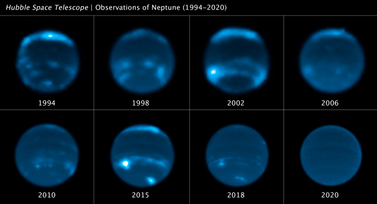 Zestawienie zdjęć Neptuna na przestrzeni lat, na których widać jaśniejsze punkty. Ilość punktów maleje z kolejnymi pomiarami
