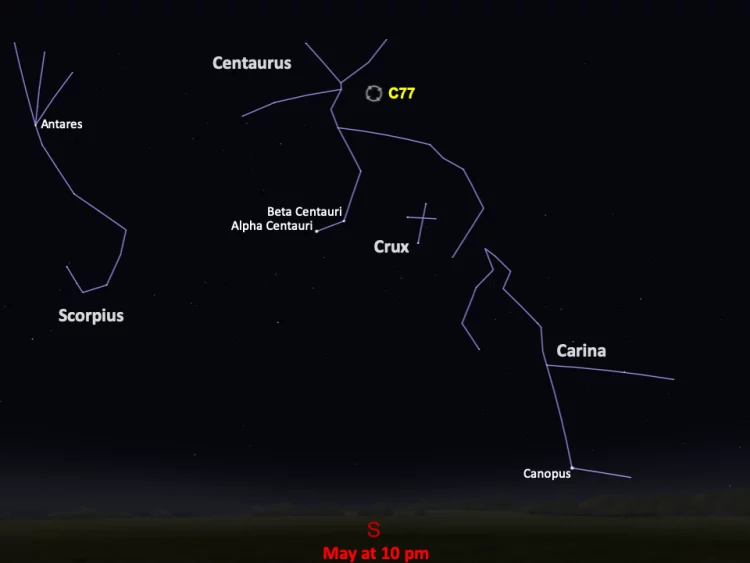 Wizualizacja nocnego nieba z zaznaczonym horyzontem, wybranymi konstelacjami i C77