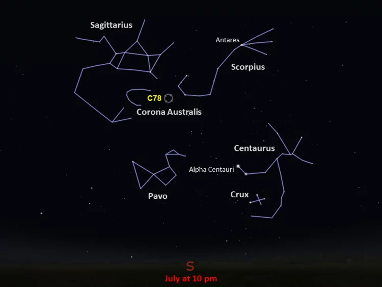 C78 na środku, a wokół niego gwiazdozbiory (zgodnie ze wskazówkami zegara) Strzelca, Skorpiona, Centaura, Krzyża Południa i Pawia