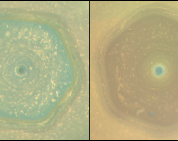 Obrazek podzielony na dwie części: po prawej sześciokątna burza w niebieskawym kolorze, po lewej ta sama sześciokątna burza, ale jej kolor zmienił się na czerwony, oprócz małego koła na środku, które pozostało niebieskie