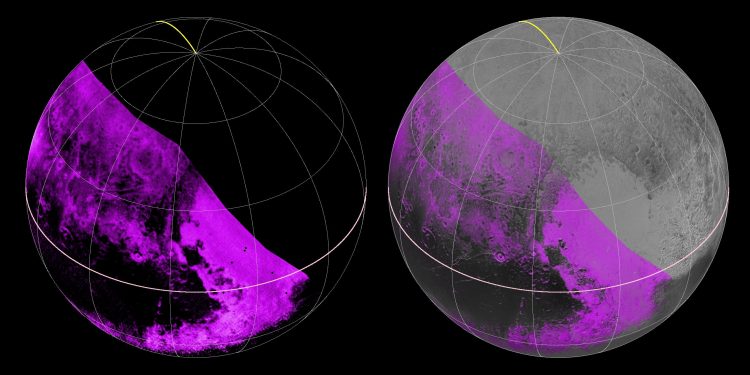 Dwie sfery z oznaczonymi kolorami obszarami po lewej dolnej stronie. Większy obszar fioletowy (z różną intensywnością koloru) otacza mniejszy, czarny obszar