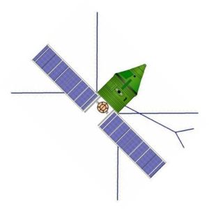 Zielona trójkątna kapsuła z dwoma panelami słonecznymi i anteną.