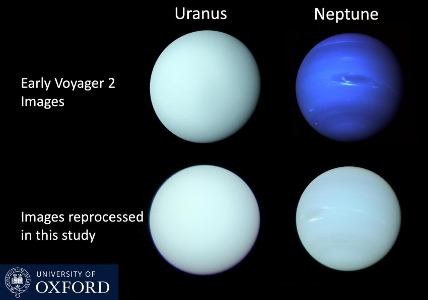 Uran na zdjęciu Voyagera 2 ma kolor zielonkawy, a na nowym zdjęciu jego kolor jest zbliżony bardziej do jasnoniebieskiego. Z kolei Neptun, znany dobrze ze swojego ciemnoniebieskiego koloru, jest bardzo podobny kolorem do Urana.