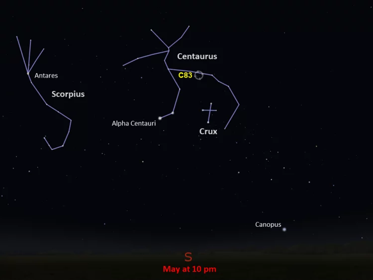 Wizualizacja nocnego nieba z zaznaczonymi gwiazdozbiorami Centaura i Skorpiona