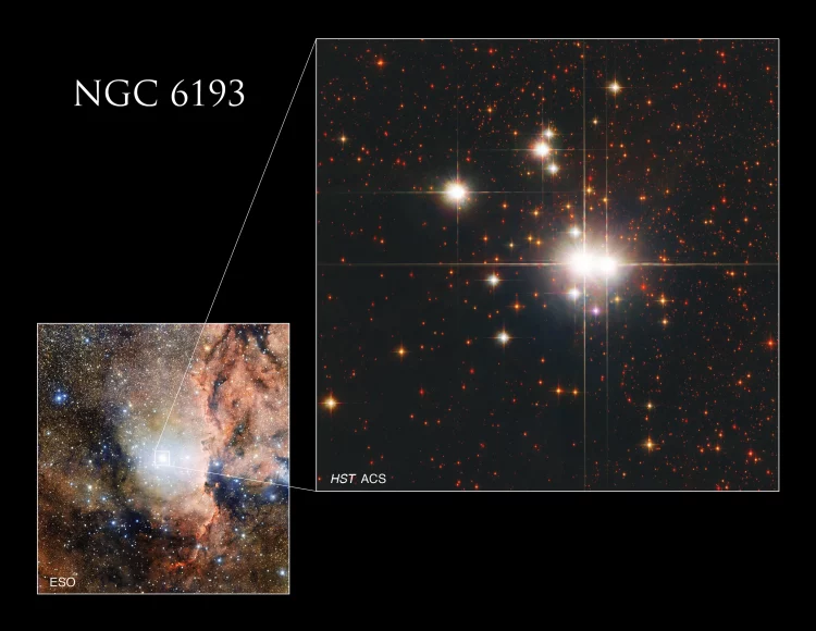 Ukazane są dwa obrazy, po lewej widać szaro-różową mgławicę z jasnym centrum. Na prawej grafice widać przybliżenie centrum - dwie jasne gwiazdy w środku, w tle wiele czerwonych gwiazd.