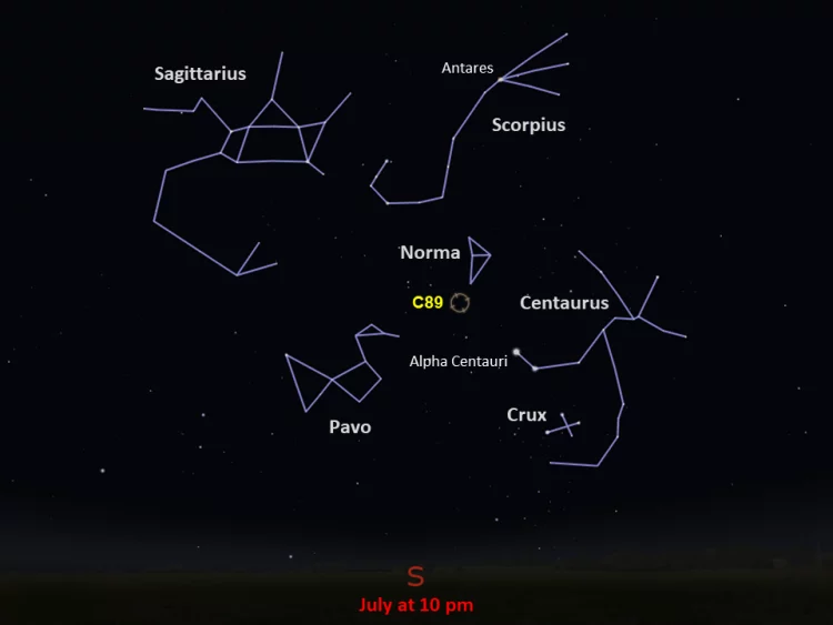 Wizualizacja nocnego nieba z zaznaczonymi gwiazdozbiorami.