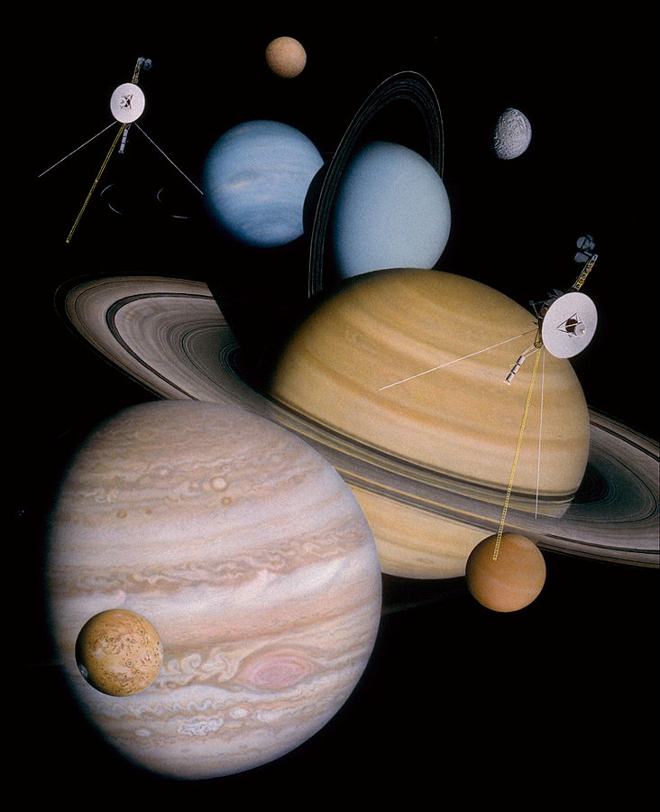 Ułożone w losowy sposób jeden za drugim planety zewnętrzne Ukadu Słonecznego z dwiema sondami Voyager po bokach na czarnym tle