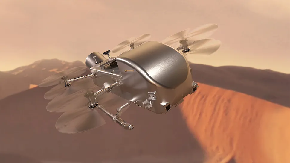 Ilustracja przelatującego pojazdu w atmosferze Tytana