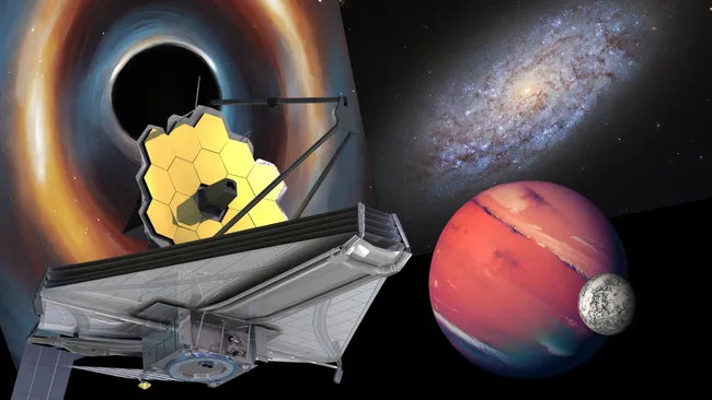 Po lewej stronie widać czarną dziurę z dyskiem akrecyjnym, a pod nią Teleskop Jamesa Webba. Po lewej stronie znajduje się galaktyka, a pod nią impresja artystyczna exoplanety z exoksiężycem.