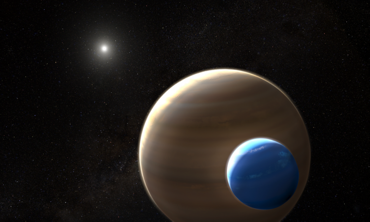 W centrum obrazka znajduje się impresja artystyczna exoplanety, a przed nią exoksiężyca. Po lewej stronie jest odległa gwiazda.